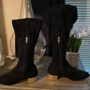 Suede like knee high boot with sparkly gold heel 8.5